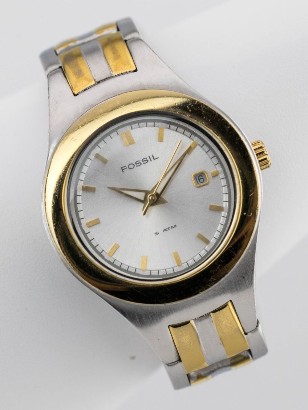 Fossil AM4222 Men's Two Tone Silver Gold Date Quartz Analog Watch Fresh Battery